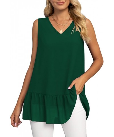 Women's 2023 Summer Sleeveless V Neck Chiffon Tank Top Double Layers Ruffle Hem Casual Blouse Tunic Dark Green $14.24 Tanks