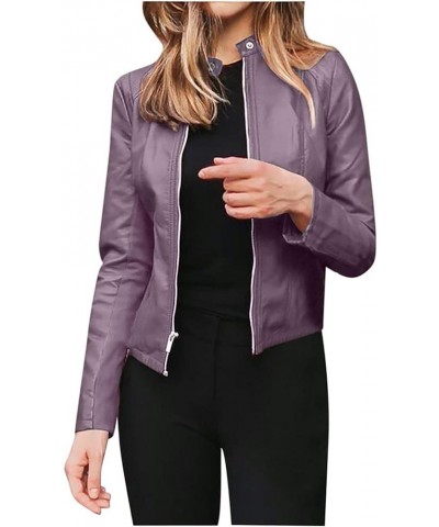 Black Leather Jacket Women Full Zip Snap Stand Collar Long Sleeve Short Cardigan Slim Jacket Zip Up Motorcycle Black Purple-d...