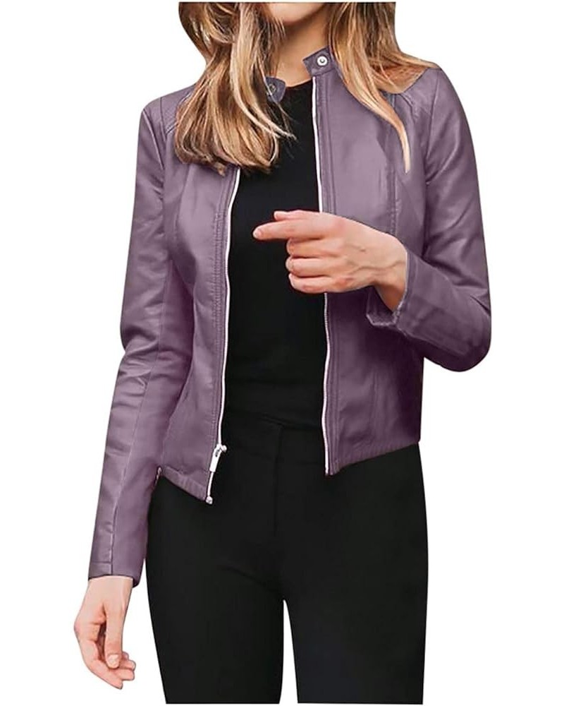 Black Leather Jacket Women Full Zip Snap Stand Collar Long Sleeve Short Cardigan Slim Jacket Zip Up Motorcycle Black Purple-d...