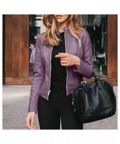 Black Leather Jacket Women Full Zip Snap Stand Collar Long Sleeve Short Cardigan Slim Jacket Zip Up Motorcycle Black Purple-d...