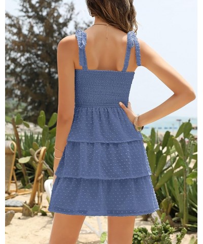 Womens Summer Casual Smocked Dress Floral Mini Tie Strap Swiss Dot Ruffle Tiered Babydoll Dress Swiss Dot Blue $10.88 Dresses