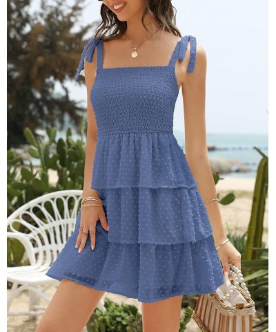 Womens Summer Casual Smocked Dress Floral Mini Tie Strap Swiss Dot Ruffle Tiered Babydoll Dress Swiss Dot Blue $10.88 Dresses