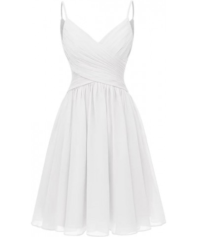 Spaghetti Straps V Neck Homecoming Dress Short A Line Chiffon Pleated Bridesmaid Dresses for Wedding with Pockets White $26.8...