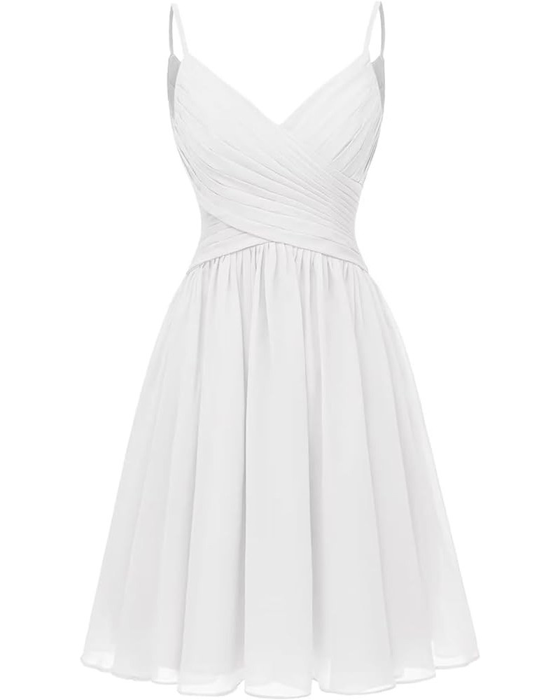 Spaghetti Straps V Neck Homecoming Dress Short A Line Chiffon Pleated Bridesmaid Dresses for Wedding with Pockets White $26.8...