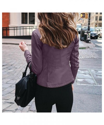 Black Leather Jacket Women Full Zip Snap Stand Collar Long Sleeve Short Cardigan Slim Jacket Zip Up Motorcycle Black Purple-d...