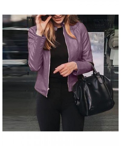 Black Leather Jacket Women Full Zip Snap Stand Collar Long Sleeve Short Cardigan Slim Jacket Zip Up Motorcycle Black Purple-d...