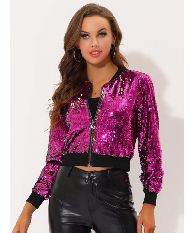 Women's Spring Summer Sequin Jacket Long Sleeve Zipper Up Party Glitter Shimmering Bomber Sparkly Jackets Rose Red $31.35 Jac...