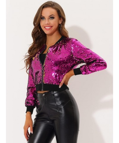 Women's Spring Summer Sequin Jacket Long Sleeve Zipper Up Party Glitter Shimmering Bomber Sparkly Jackets Rose Red $31.35 Jac...