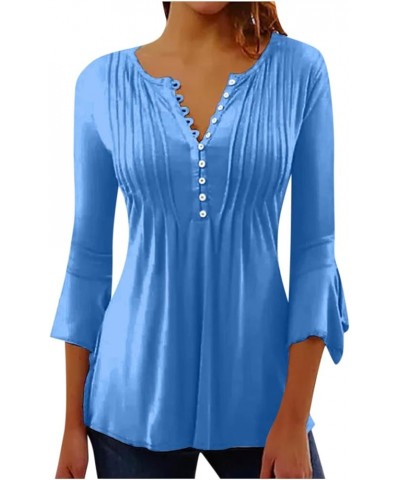 Long Sleeve Shirts for Women,Women's Trendy Solid Henley V-Neck Button Down Tunic Casual Loose Swing Pleated Blouses 3-blue $...