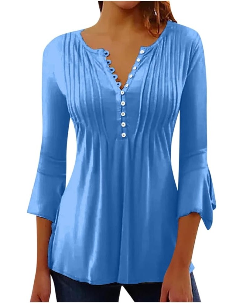 Long Sleeve Shirts for Women,Women's Trendy Solid Henley V-Neck Button Down Tunic Casual Loose Swing Pleated Blouses 3-blue $...