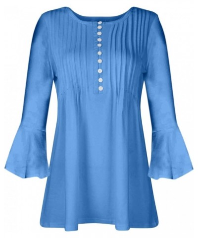 Long Sleeve Shirts for Women,Women's Trendy Solid Henley V-Neck Button Down Tunic Casual Loose Swing Pleated Blouses 3-blue $...