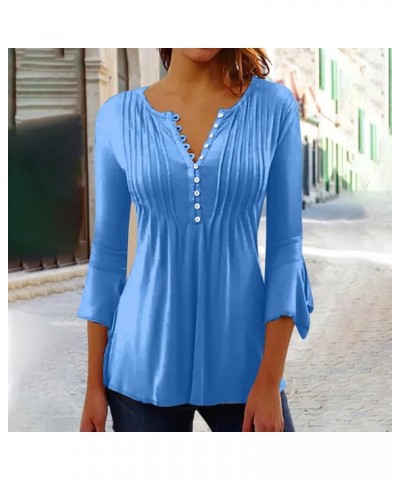 Long Sleeve Shirts for Women,Women's Trendy Solid Henley V-Neck Button Down Tunic Casual Loose Swing Pleated Blouses 3-blue $...