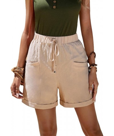 Women's Elastic High Waist Roll Up Hem Casual Shorts with Pocket Khaki $6.50 Shorts