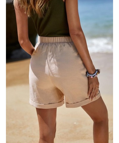 Women's Elastic High Waist Roll Up Hem Casual Shorts with Pocket Khaki $6.50 Shorts