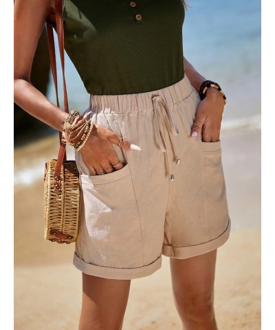 Women's Elastic High Waist Roll Up Hem Casual Shorts with Pocket Khaki $6.50 Shorts