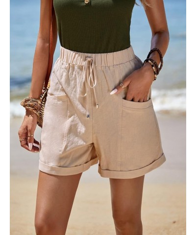 Women's Elastic High Waist Roll Up Hem Casual Shorts with Pocket Khaki $6.50 Shorts