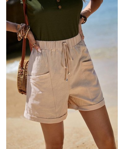 Women's Elastic High Waist Roll Up Hem Casual Shorts with Pocket Khaki $6.50 Shorts