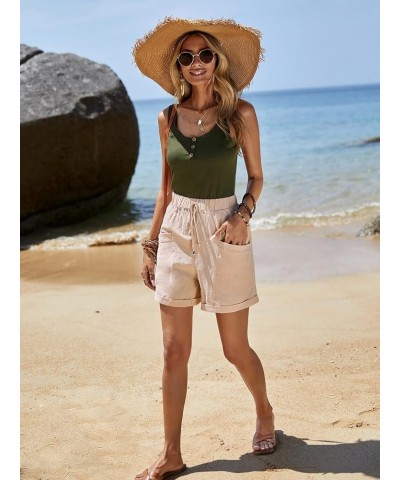 Women's Elastic High Waist Roll Up Hem Casual Shorts with Pocket Khaki $6.50 Shorts