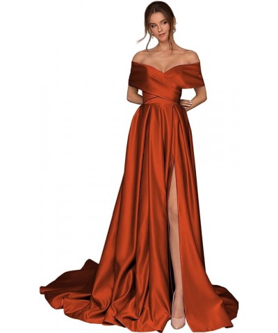 Women's Off The Shoulder Satin Prom Dresses Long High Slit A-line Formal Party Evening Gown with Pockets Burnt Orange $40.80 ...