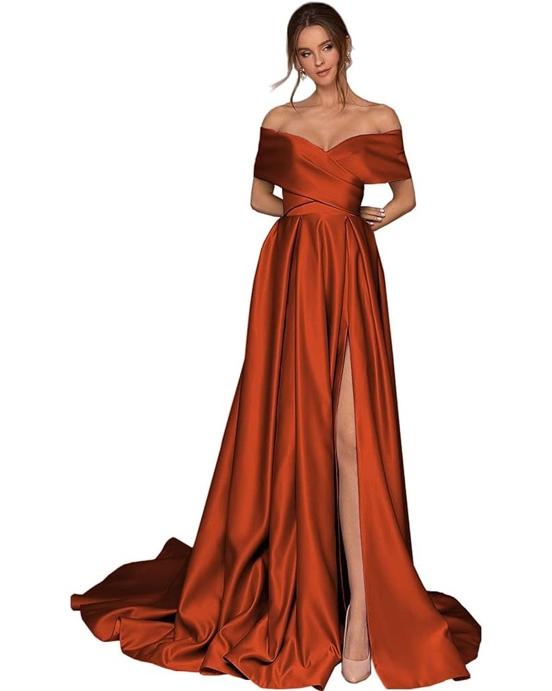 Women's Off The Shoulder Satin Prom Dresses Long High Slit A-line Formal Party Evening Gown with Pockets Burnt Orange $40.80 ...