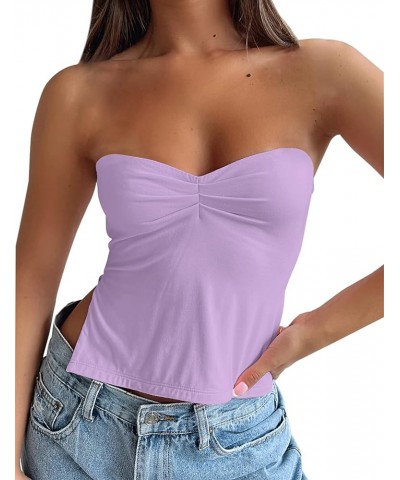 Women's Strapless Sweetheart Bandeau Tube Going Out Crop Tank Top Sleeveless Slits Pleated Bustier Summer Purple $10.39 Tanks