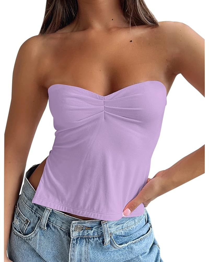 Women's Strapless Sweetheart Bandeau Tube Going Out Crop Tank Top Sleeveless Slits Pleated Bustier Summer Purple $10.39 Tanks