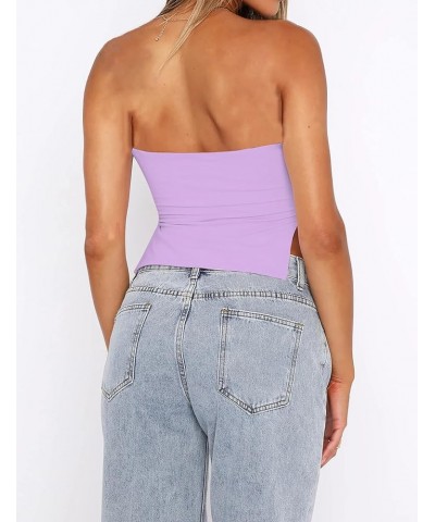 Women's Strapless Sweetheart Bandeau Tube Going Out Crop Tank Top Sleeveless Slits Pleated Bustier Summer Purple $10.39 Tanks