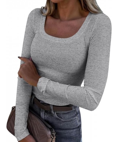 Long Sleeve Womens Casual Tops Ribbed Knit Shirts Scoop Neck Blouses for Work Solid Color Sweatshirts Slim Tops X37-light Gra...