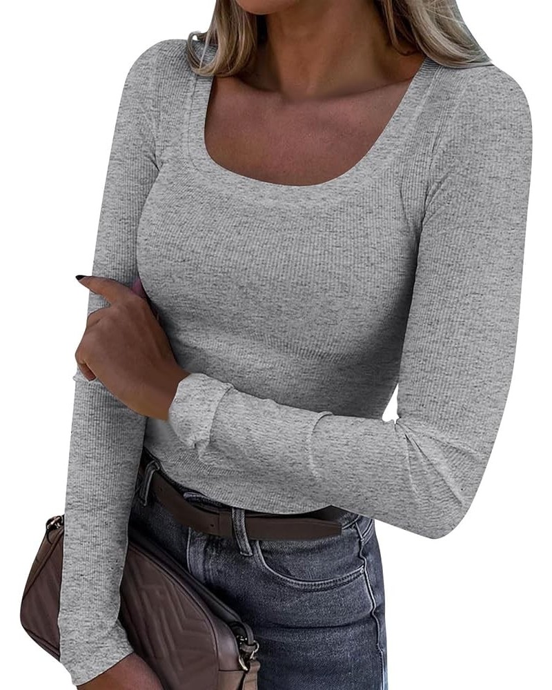 Long Sleeve Womens Casual Tops Ribbed Knit Shirts Scoop Neck Blouses for Work Solid Color Sweatshirts Slim Tops X37-light Gra...