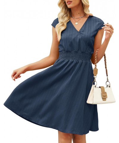 Women's Casual Dress V-Neck Short Cap Sleeve Cross Wrap A-line Swing Dresses Plain Shirred Flared Dresses Blue 2 $16.45 Dresses