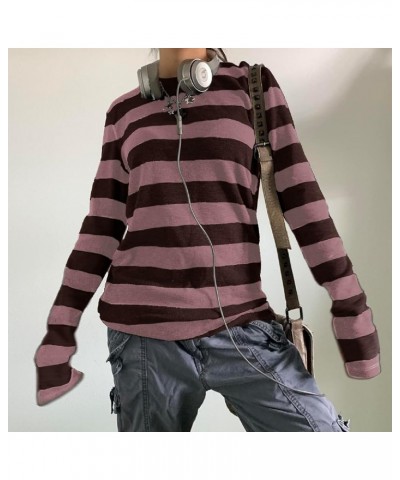 Women Y2k Striped Printed Long Sleeve Sweater Knitted Color Block Vneck Shirt Aesthetic Fall Autumn Streetwear E-striped Red ...