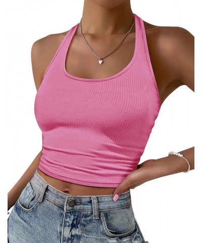 Women Halter Top Backless Scroop Neck Slim Stretchy Ribbed Knit Camisole Crop Tops S-XXL 1-hot Pink $10.35 Tanks