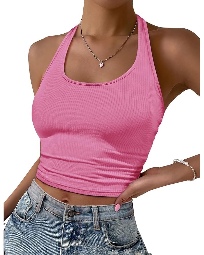 Women Halter Top Backless Scroop Neck Slim Stretchy Ribbed Knit Camisole Crop Tops S-XXL 1-hot Pink $10.35 Tanks