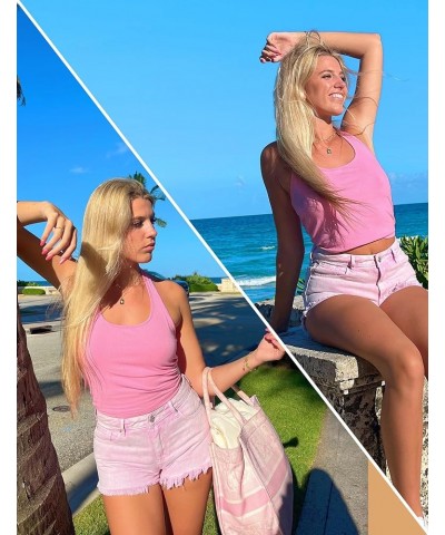 Women Halter Top Backless Scroop Neck Slim Stretchy Ribbed Knit Camisole Crop Tops S-XXL 1-hot Pink $10.35 Tanks