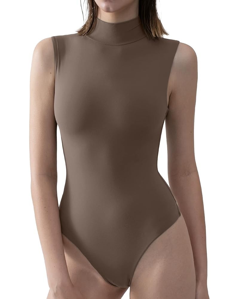 Women's Mock Turtle Neck Sleeveless Bodysuit Sexy Tank Tops Sharp Collection 07 Mocha $15.50 Bodysuits