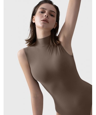 Women's Mock Turtle Neck Sleeveless Bodysuit Sexy Tank Tops Sharp Collection 07 Mocha $15.50 Bodysuits