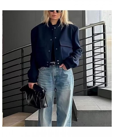 Women's Cropped Bomber Jacket Casual Button Down Varsity Jacket Long Sleeve Windbreaker Coats with Pockets Navy $10.19 Jackets