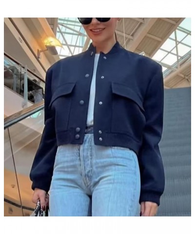 Women's Cropped Bomber Jacket Casual Button Down Varsity Jacket Long Sleeve Windbreaker Coats with Pockets Navy $10.19 Jackets