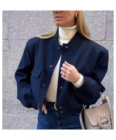 Women's Cropped Bomber Jacket Casual Button Down Varsity Jacket Long Sleeve Windbreaker Coats with Pockets Navy $10.19 Jackets