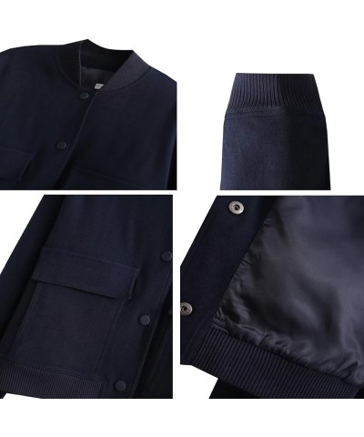 Women's Cropped Bomber Jacket Casual Button Down Varsity Jacket Long Sleeve Windbreaker Coats with Pockets Navy $10.19 Jackets