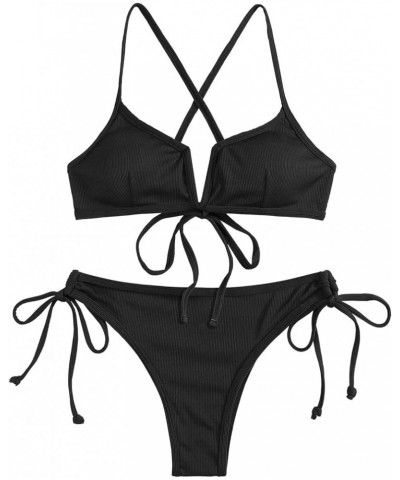 Women's High Cut Bikini Sets Ribbed V-Wire Cami Bikini Two Piece Swimsuit 3-black $17.86 Swimsuits