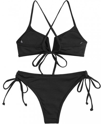 Women's High Cut Bikini Sets Ribbed V-Wire Cami Bikini Two Piece Swimsuit 3-black $17.86 Swimsuits