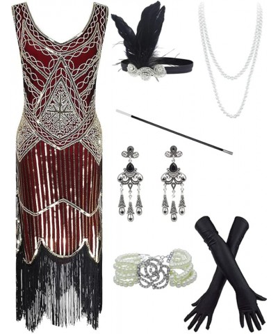 20s Flapper Gatsby Sequin Beaded Evening Cocktail Dress with accessories set Gold&wine $32.34 Sets