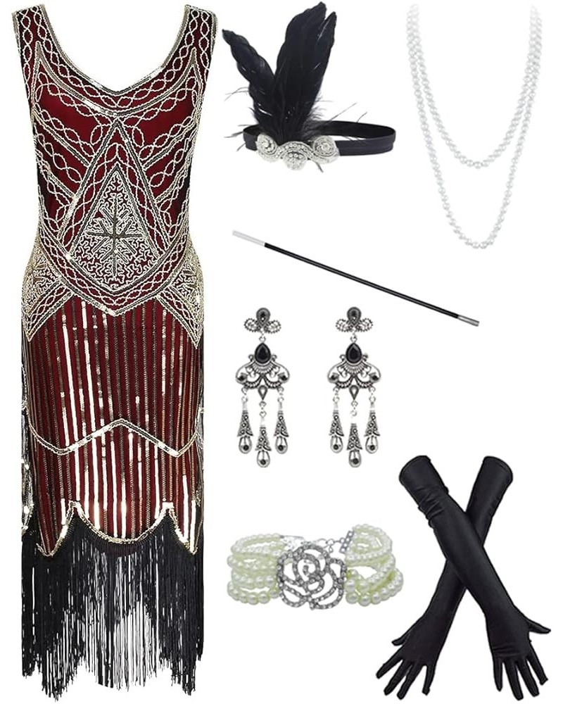 20s Flapper Gatsby Sequin Beaded Evening Cocktail Dress with accessories set Gold&wine $32.34 Sets