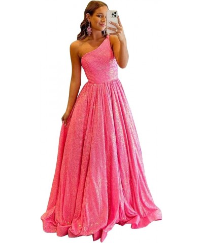 One Shoulder Sequin Prom Dresses 2024 Long Ball Gowns Formal Dresses for Women Sparkly with Pockets Hot Pink $26.95 Dresses