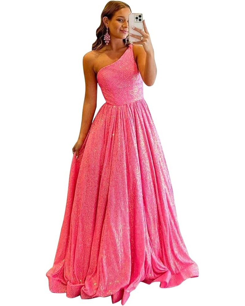 One Shoulder Sequin Prom Dresses 2024 Long Ball Gowns Formal Dresses for Women Sparkly with Pockets Hot Pink $26.95 Dresses