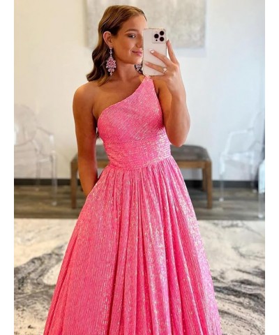 One Shoulder Sequin Prom Dresses 2024 Long Ball Gowns Formal Dresses for Women Sparkly with Pockets Hot Pink $26.95 Dresses