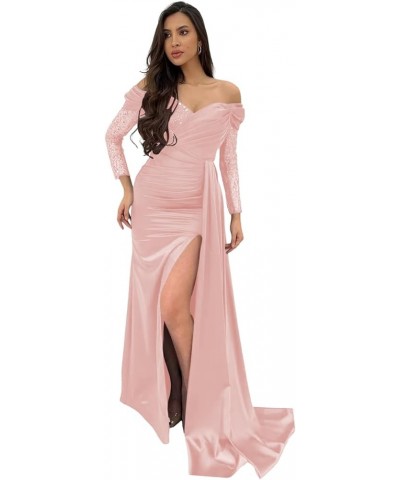 Satin Off Shoulder Prom Dress Long 2024 Sequin Lace Mermaid Evening Party Gowns with Slit CYM179 Blush Pink $30.75 Dresses