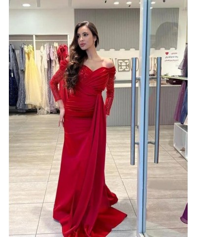 Satin Off Shoulder Prom Dress Long 2024 Sequin Lace Mermaid Evening Party Gowns with Slit CYM179 Blush Pink $30.75 Dresses