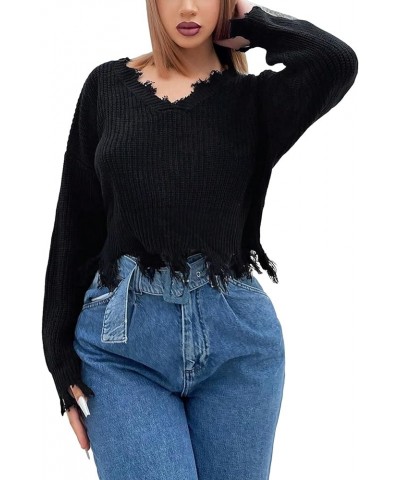 Women's Ripped V Neck Frayed Hem Long Sleeve Distressed Cropped Sweater Pullover Black $21.65 Sweaters